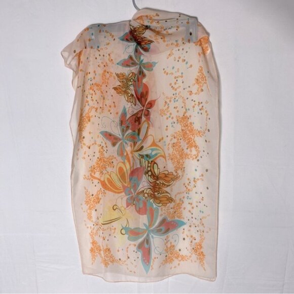 5/$25 Zhenqing Peach Semi Sheer Butterfly Floral Scarf - Picture 8 of 12
